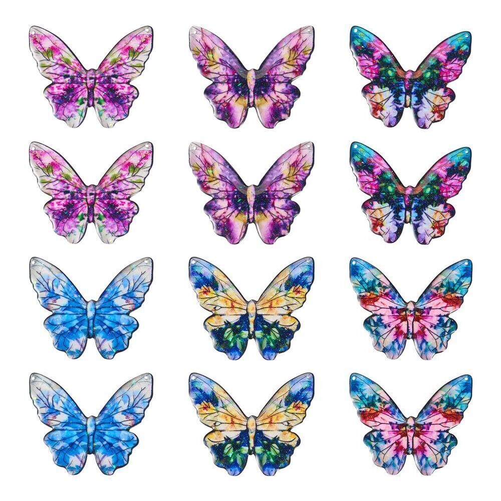 8905 12pcs Epoxy Resin Butterfly Charms with Flower Printed, Glitter Powder